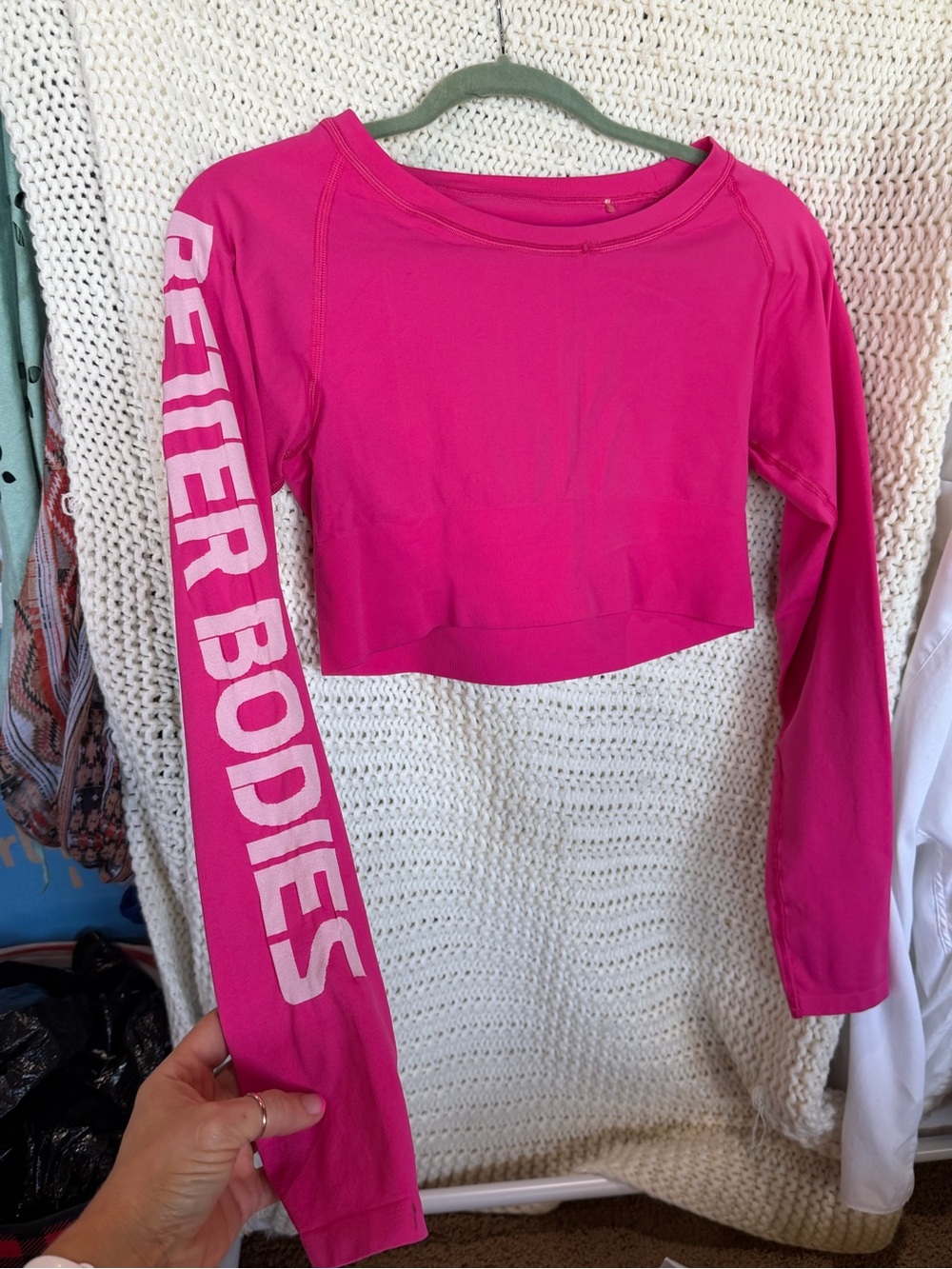2 - BETTER BODIES Long-Sleeve Crop Top - Bright Pink & White